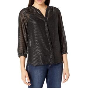 NWT NYDJ Women's 3/4 Sleeve Pintuck Blouse Metallic Silver & Black Size XXS
